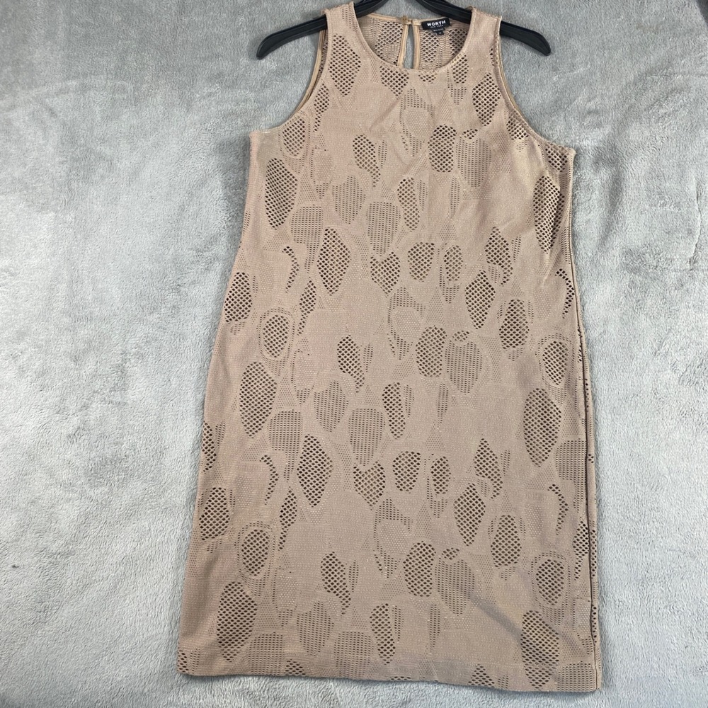 Worth New York Dress Womens 10‎ Tan Mesh Sheath Sleeveless Laser Cut Geometric